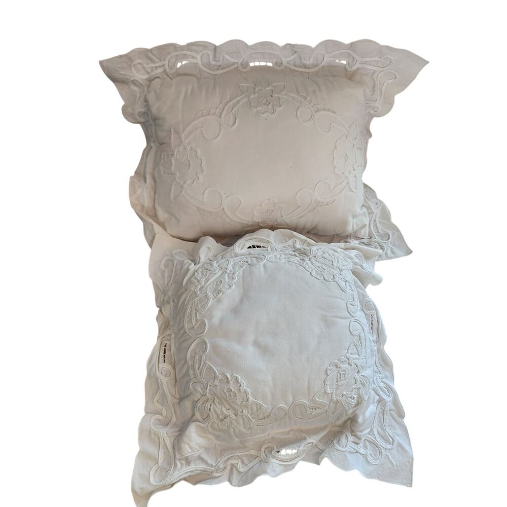 vintage-inspired white pillow set Broderie White Ruffle Cut Work Pillows
